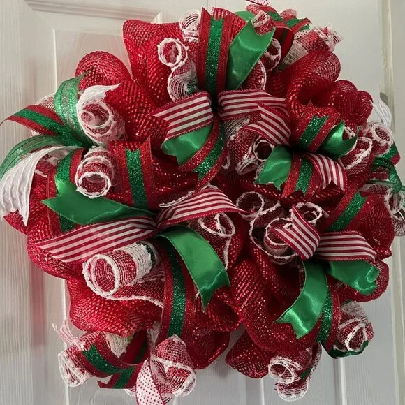 Christmas Ribbon Candy Wreath Made of Deco Mesh - Picture 1 of 1